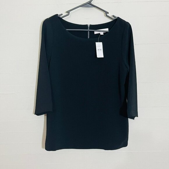 NWT Ann Taylor Loft Black Boat Neck 3/4 Length Sleeve Blouse SZ S - Picture 1 of 6